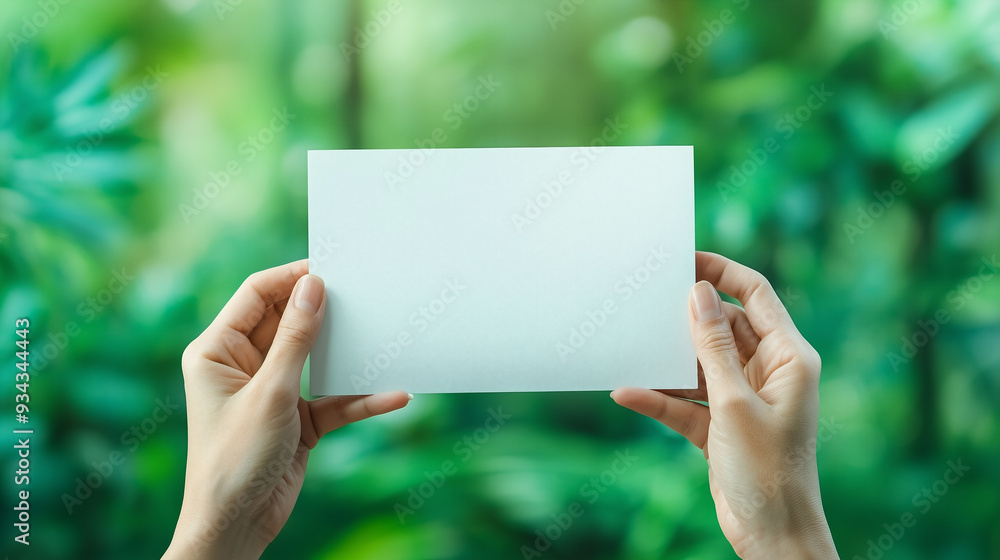 Hands Holding Blank Paper with Green Background Hands Holding Blank Paper with Green Background