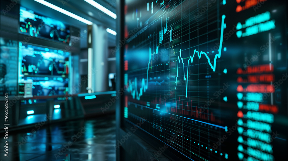A close-up view of a computer screen displaying stock exchange graph and chart representing increased and decreased price in the trading room. Generative AI. A close-up view of a computer screen displaying stock exchange graph and chart representing increased and decreased price in the trading room. Generative AI.