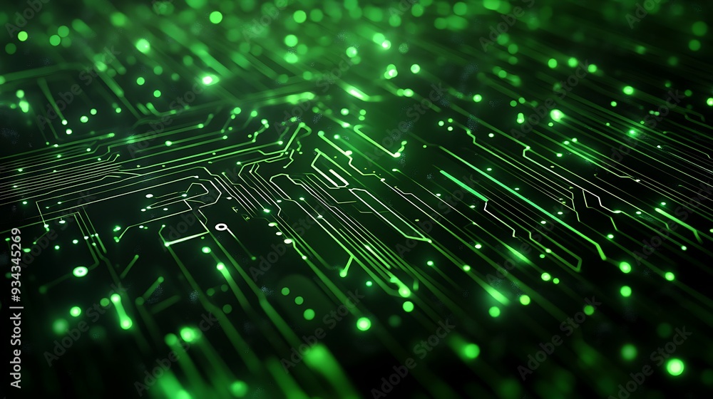 Abstract green circuit board with glowing lines and dots. Abstract green circuit board with glowing lines and dots.