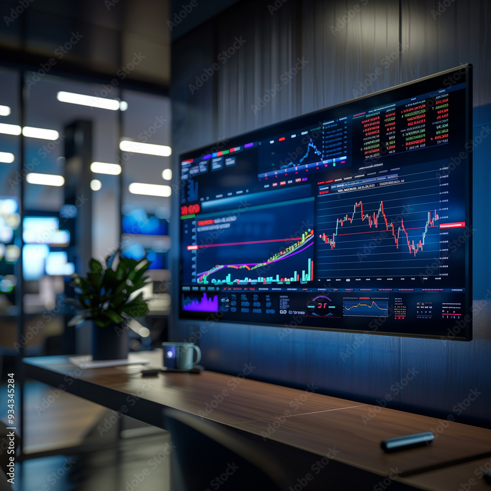 A close-up view of a computer screen displaying stock exchange graph and chart representing increased and decreased price in the trading room. Generative AI. A close-up view of a computer screen displaying stock exchange graph and chart representing increased and decreased price in the trading room. Generative AI.