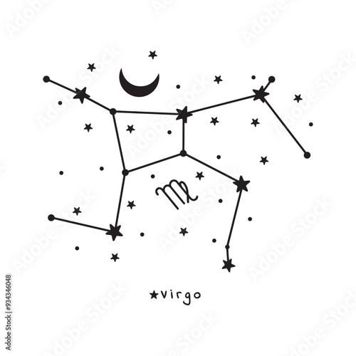 Virgo star constellation with stars and moon, on the white background, vector art