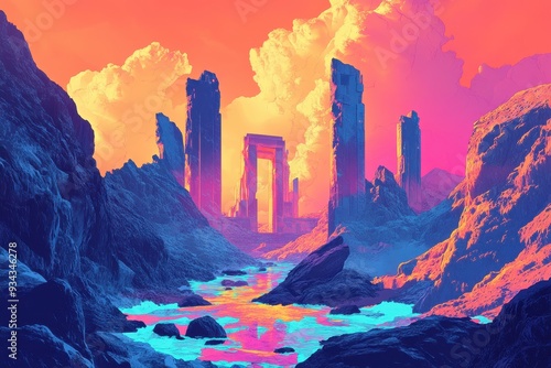 A Surreal Landscape with Ruined Pillars and a Glowing Stream