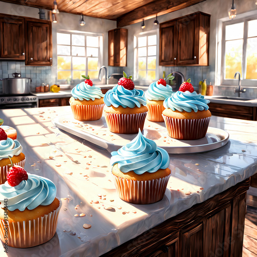 ultra-realistic-digital-painting-of-ornate-cupcakes-set-symmetrically-on-a-worn-wooden-table-icing_(4). photo