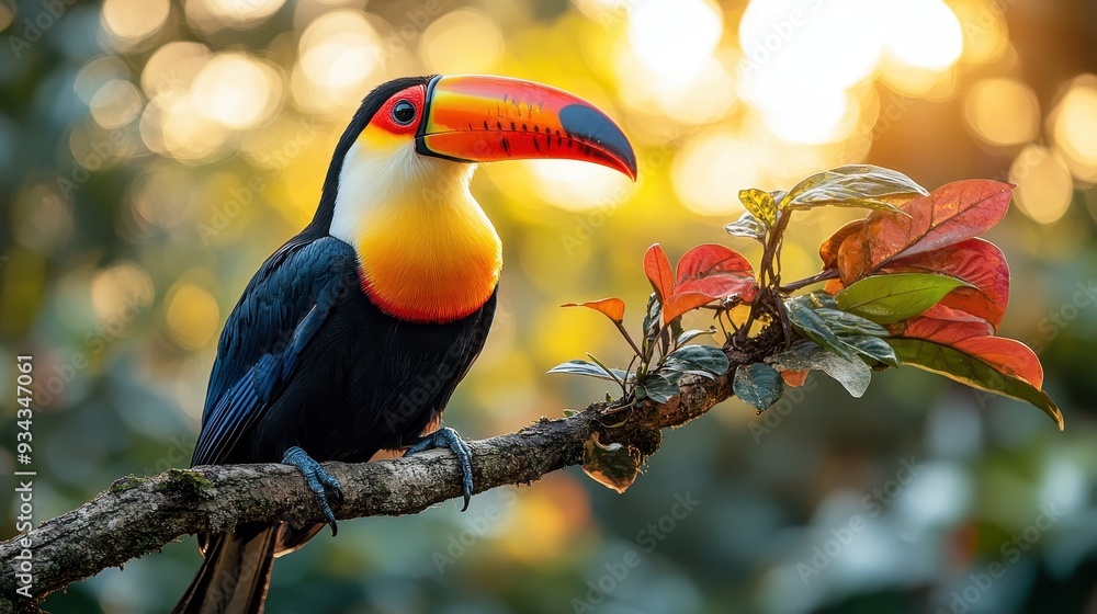 Obraz premium Beautiful Toucan Bird with Colorful Plumage Perched on Exotic Tree Branch, Glowing in Sunlight - High-Resolution Realistic Photography with Blurred Background