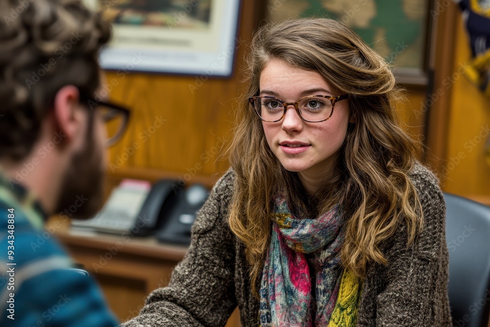 Young woman engaged in a serious conversation with a man in an office setting during the afternoon in a cozy environment Young woman engaged in a serious conversation with a man in an office setting during the afternoon in a cozy environment