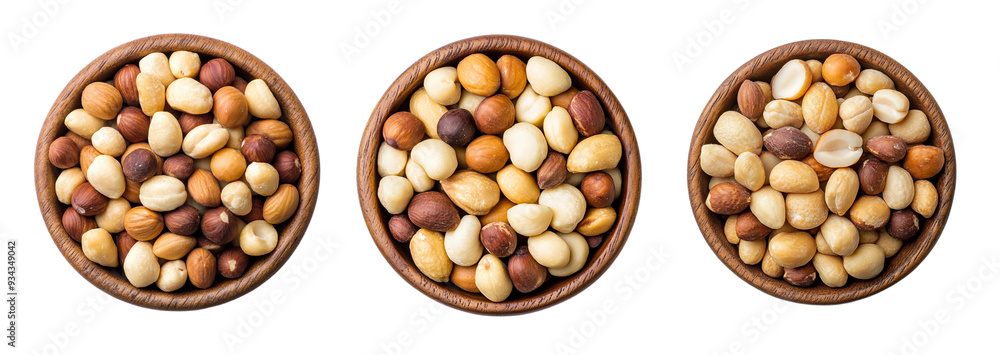 A set of wooden bowls filled with assorted mixed nuts, ideal for healthy snacking and isolated on a transparent background A set of wooden bowls filled with assorted mixed nuts, ideal for healthy snacking and isolated on a transparent background