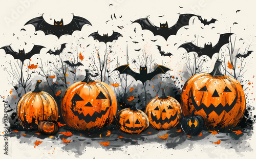 A Halloween scene with pumpkins and bats. The pumpkins are carved with faces and the bats are flying around them. Scene is spooky and festive