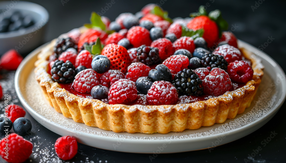 A delicious looking dessert with strawberries, blueberries, and raspberries on top. The dessert is covered in powdered sugar and looks ready to be served A delicious looking dessert with strawberries, blueberries, and raspberries on top. The dessert is covered in powdered sugar and looks ready to be served
