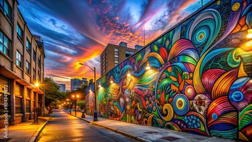 Vibrant graffiti mural covering city wall, featuring abstract shapes, swirling patterns, and bold colors, adding urban flair to metropolitan streetscape at dusk. photo