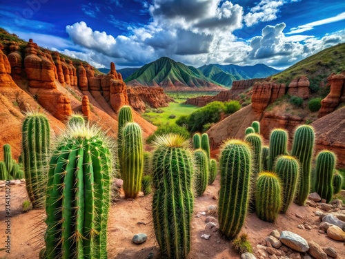 Vibrant green cacti thrive amidst rust-red rock formations and arid terrain in the stunning desert landscape of Huila, Colombia, showcasing nature's contrasts. photo