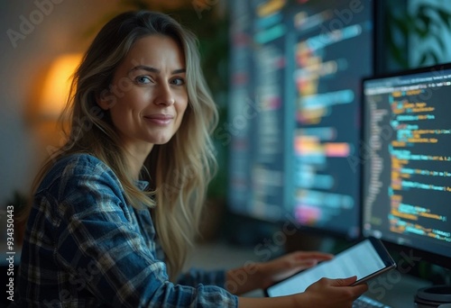 Young Female Programmer Standing with Digital Tablet at Modern Workspace - Confident Tech Professional