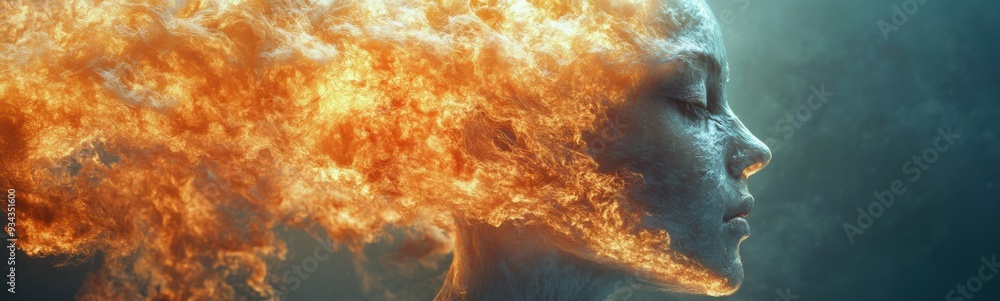 Man with a fire on his head, creative portrait, banner, copy space Man with a fire on his head, creative portrait, banner, copy space