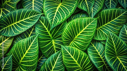 Vibrant green tropical leaves in a repeating pattern, with intricate veins and natural textures, create a stunning and exotic background or design element.