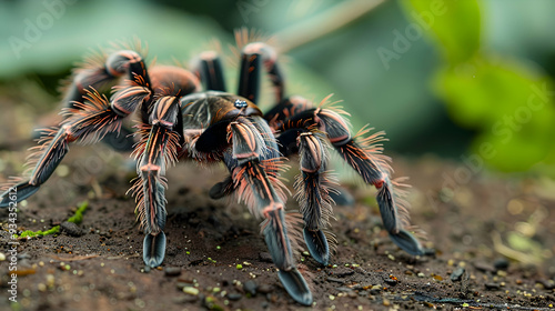 Amazon Brazilian Salmon Pink Tarantula crawling on the forest floor, its legs and body detailed photo