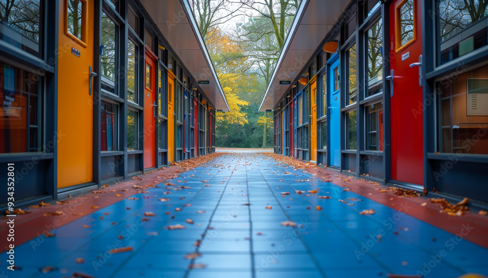 Fototapeta premium A hallway with many doors and windows. The hallway is mostly blue and red
