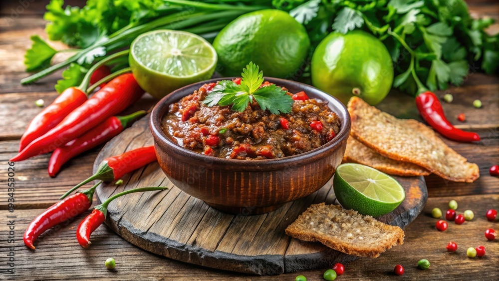 Vibrant heap of freshly made salsa macha, a spicy chili pepper condiment, surrounded by fresh cilantro, lime wedges, and crusty bread on a rustic wooden table. Vibrant heap of freshly made salsa macha, a spicy chili pepper condiment, surrounded by fresh cilantro, lime wedges, and crusty bread on a rustic wooden table.