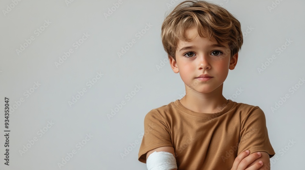 Young boy with short curly hair wearing a brown shirt poses against a plain background Young boy with short curly hair wearing a brown shirt poses against a plain background