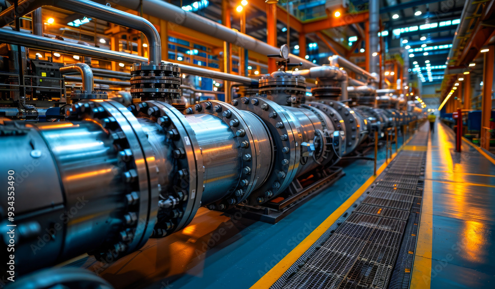 A long pipe with many valves and fittings. Concept of industrial activity and complexity A long pipe with many valves and fittings. Concept of industrial activity and complexity