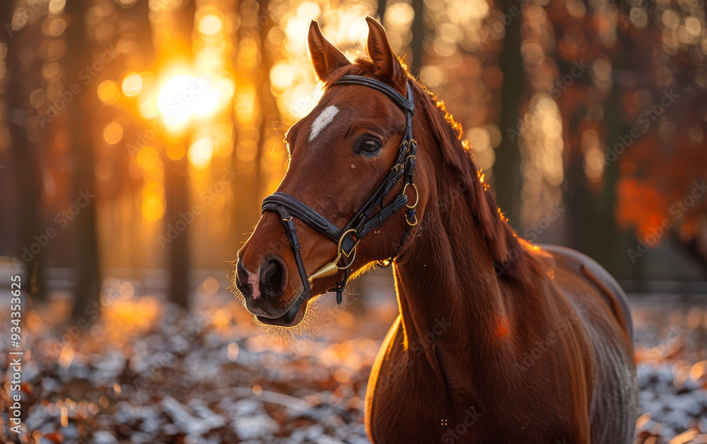 Obraz premium A brown horse with a black bridle stands in a forest. The sun is setting, casting a warm glow on the horse and the surrounding trees. The scene is peaceful and serene