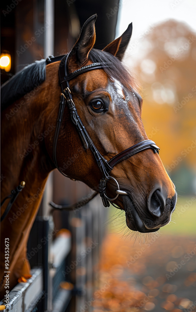 Obraz premium A brown horse with a black bridle is looking at the camera. The horse is standing in a barn with a wooden fence
