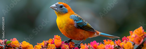 Amazon Brazilian Tanager head, showcasing its colorful feathers and keen eyes photo