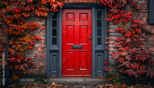 A red door with a black trim sits in front of a brick building. The door is open and the leaves on the vines are red
