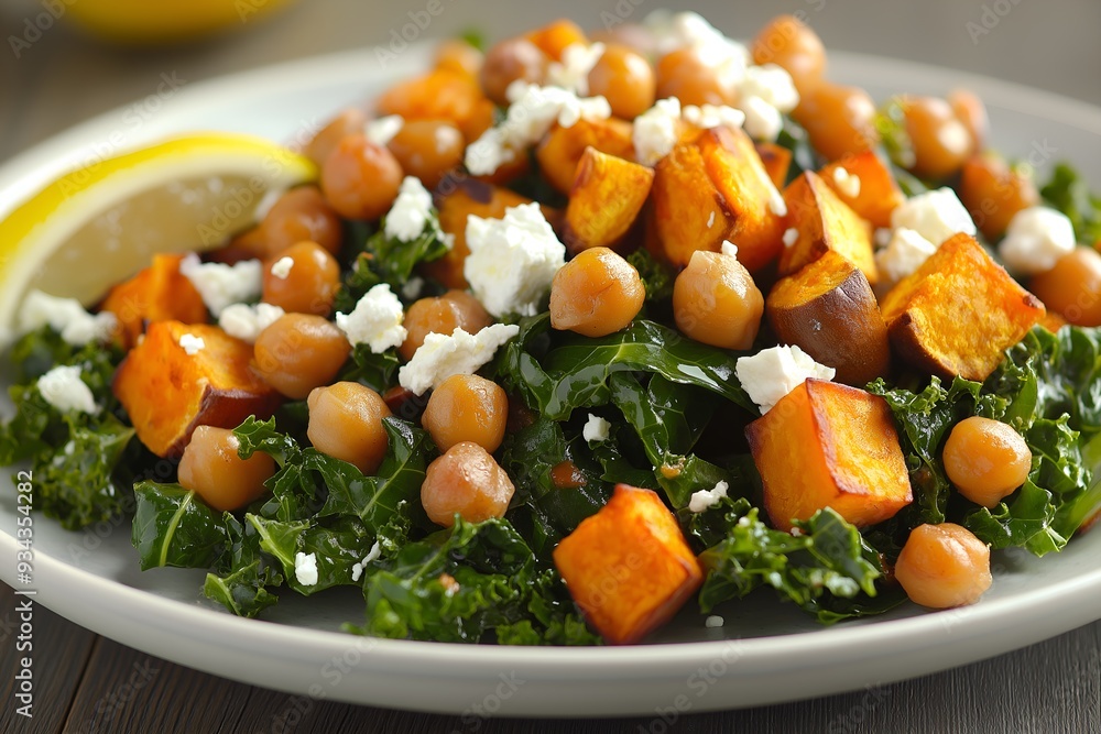 A Beautifully Plated Kale And Spinach Salad With Roasted Chickpeas, Sweet Potato Cubes, And A Sprinkle Of Feta Cheese, Served With A Lemon Wedge, Food Photography, Food Menu Style Photo Image A Beautifully Plated Kale And Spinach Salad With Roasted Chickpeas, Sweet Potato Cubes, And A Sprinkle Of Feta Cheese, Served With A Lemon Wedge, Food Photography, Food Menu Style Photo Image