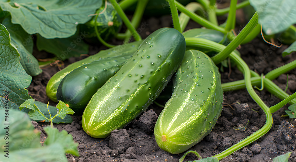Obraz premium Ripe cucumbers are ready to harvest in the organic greenhouse. Cucumbers growing on bushes. The concept of growing vegetables.