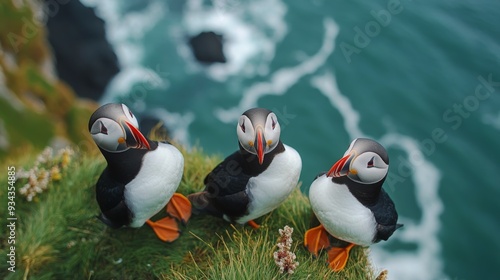 Three puffins perched on a grassy cliff overlooking the ocean at sunset