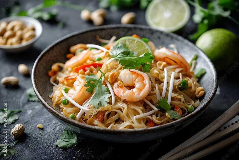 A Colorful And Fragrant Dish Of Pad Thai, With Rice Noodles, Shrimp, Peanuts, Lime, And Bean Sprouts, Garnished With Fresh Cilantro, Food Photography, Food Menu Style Photo Image A Colorful And Fragrant Dish Of Pad Thai, With Rice Noodles, Shrimp, Peanuts, Lime, And Bean Sprouts, Garnished With Fresh Cilantro, Food Photography, Food Menu Style Photo Image