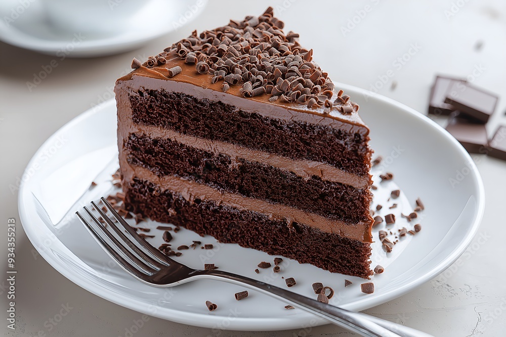 A Decadent Slice Of Chocolate Cake With Rich, Glossy Ganache, Served On A White Plate With A Fork, With Chocolate Shavings Sprinkled Around A Decadent Slice Of Chocolate Cake With Rich, Glossy Ganache, Served On A White Plate With A Fork, With Chocolate Shavings Sprinkled Around