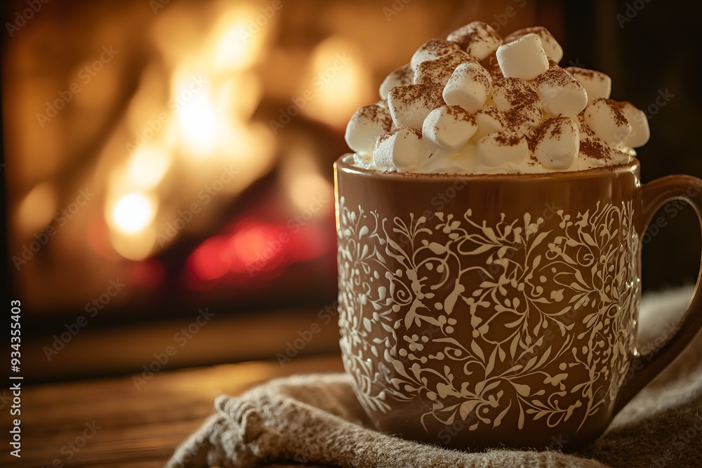 A Hot Chocolate Mug Topped With Whipped Cream, Marshmallows, And A Dusting Of Cocoa Powder, Served Next To A Cozy Fireplace, Drinks Photography, Drinks Menu Style Photo Image A Hot Chocolate Mug Topped With Whipped Cream, Marshmallows, And A Dusting Of Cocoa Powder, Served Next To A Cozy Fireplace, Drinks Photography, Drinks Menu Style Photo Image