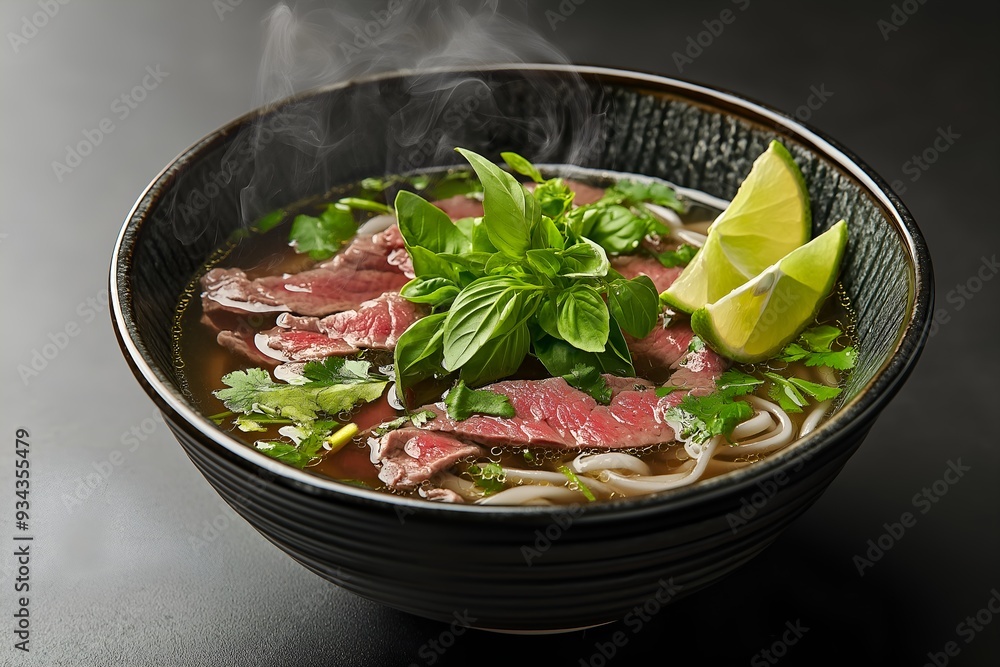 A Large Bowl Of Pho With Steaming Broth, Thinly Sliced Beef, Rice Noodles, And Fresh Herbs Like Basil And Cilantro, Served With Lime Wedges, Food Photography, Food Menu Style Photo Image A Large Bowl Of Pho With Steaming Broth, Thinly Sliced Beef, Rice Noodles, And Fresh Herbs Like Basil And Cilantro, Served With Lime Wedges, Food Photography, Food Menu Style Photo Image