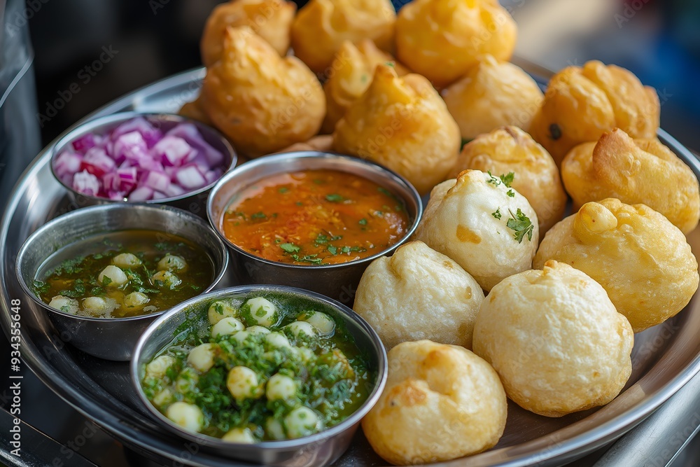 A Plate Of Vibrant Indian Street Food, Including Pani Puri, Samosas, And Chutneys, Arranged In An Eye-catching Way On A Metal Tray, Food Photography, Food Menu Style Photo Image A Plate Of Vibrant Indian Street Food, Including Pani Puri, Samosas, And Chutneys, Arranged In An Eye-catching Way On A Metal Tray, Food Photography, Food Menu Style Photo Image