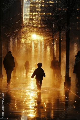 Child playing in water fountains at sunset in an urban setting