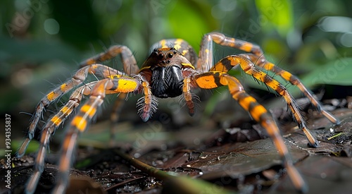 Amazon Brazilian Wandering Spider crawling on the forest floor, its legs and body detailed photo