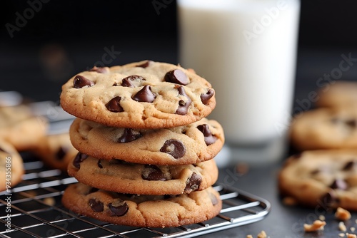 Wallpaper Mural A Stack Of Homemade Chocolate Chip Cookies On A Cooling Rack, With A Glass Of Milk In The Background And Crumbs Scattered On The Table, Dessert Photography, Dessert Menu Style Photo Image Torontodigital.ca