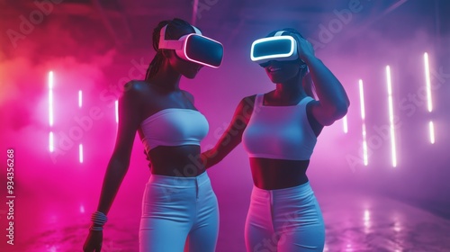 Young women in virtual reality headsets interact under neon lights at a moder...