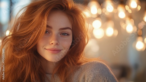 Portrait of a young woman with red hair smiling warmly in a softly lit indoor...