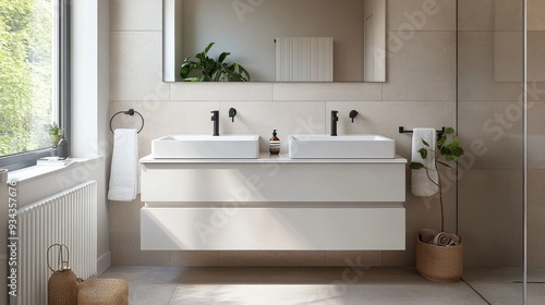 Modern bathroom sink vanity with decorative plants and towels in bright natur...