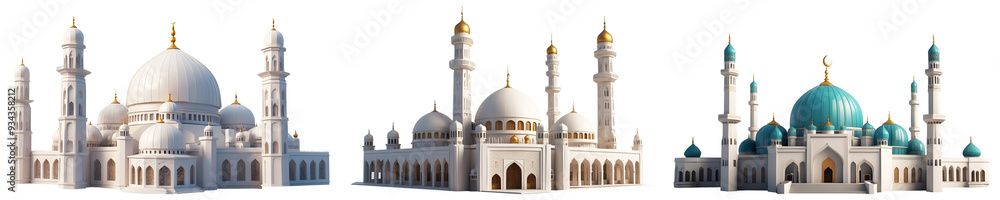 Obraz premium Set of Realistic Mosque with Islamic architecture isolated on a transparent background