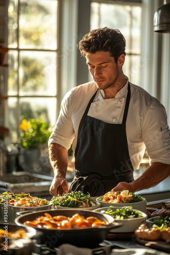 Chef preparing gourmet dishes in a bright kitchen during evening hours
