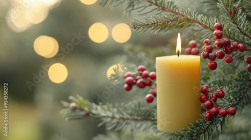 A candle is lit on a branch of fir tree with red berries, AI