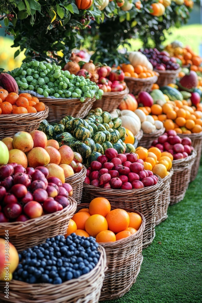 Colorful fruit and vegetable display at a farmers market during autumn Colorful fruit and vegetable display at a farmers market during autumn