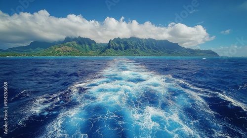 Vibrant ocean waves trail behind a boat near lush green mountains under a cle...