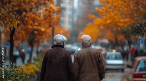 Elderly couple walking together on an autumn day in a city with orange leaves