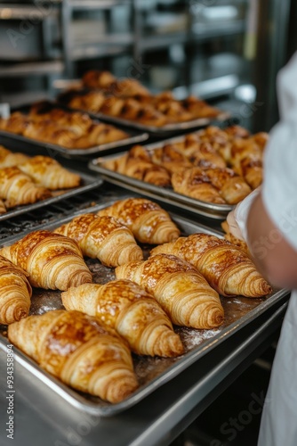 Freshly baked croissants cooling on trays in a bakery kitchen during morning ...