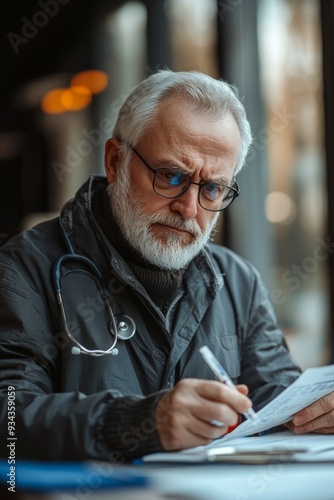 Elderly doctor writing notes in a medical office during a sunny afternoon