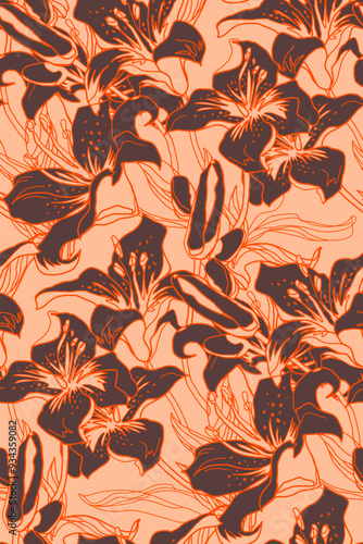 Curled lily flowers wavy seamless pattern in peach fuzz color trendy colors of the year. Home decor, textile, wallpaper, fabric, bedding, package.