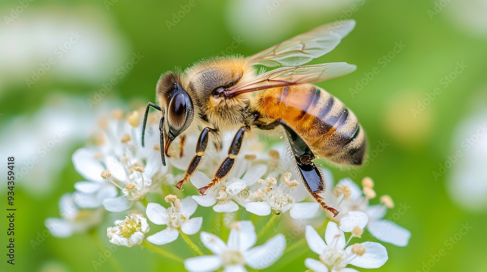 Honeybee collecting nectar from white flowers during springtime Honeybee collecting nectar from white flowers during springtime